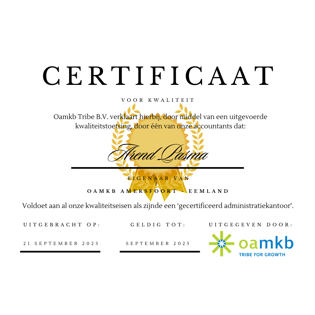 Certificaat voor kwaliteit - Arend Pasma - oamkb Amersfoort - Eemland