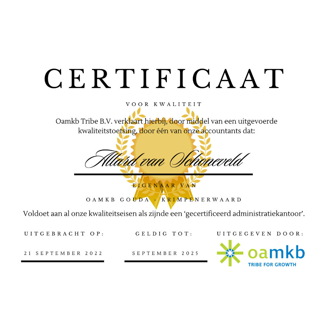 Certificaat voor kwaliteit - Allard van Schoneveld - oamkb Gouda - Krimpenerwaard