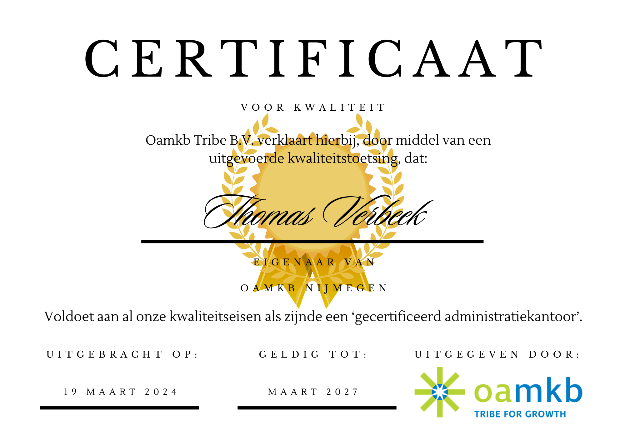 Certificaat voor kwaliteit - Thomas Verbeek