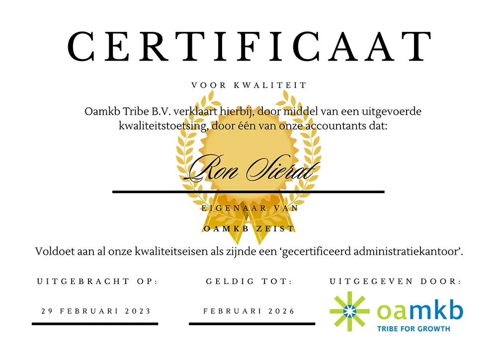 Certificaat voor kwaliteit Ron Sierat - oamkb Zeist